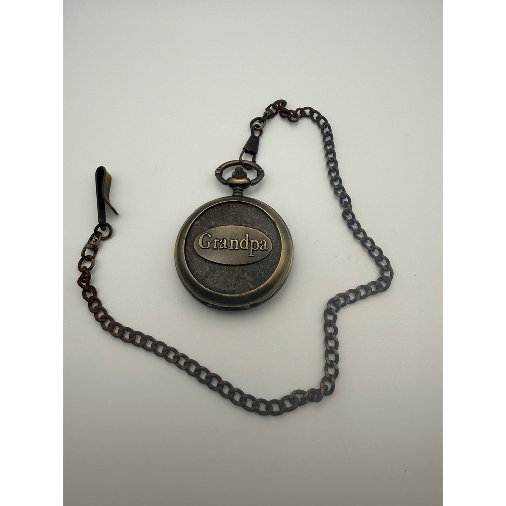 Benrus Grandpa Pocket Watch Bronze Tone Quartz Hunter Case Chain Mens Vintage